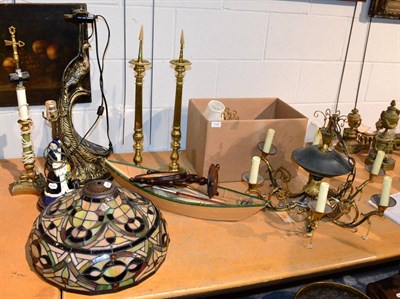 Lot 1142 - ~ A pair of brass pricket candlesticks; a shaving mirror; a model sailing boat; a French six branch