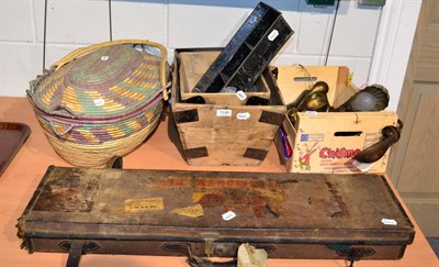 Lot 1148 - A group of miscellaneous items including handled wooden planters/trugs, woven basket, canvas...