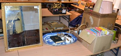 Lot 1164 - A silver card tray, six silver plated condiments, a gilt metal ladies wristwatch, blue and...