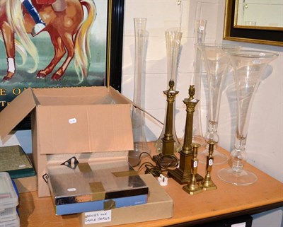 Lot 1176 - Five various glass floor vases; a pair of Laura Ashley metal lamp bases; and a pair of brass...