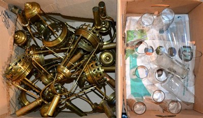 Lot 1181 - ~ Quantity of brass light fittings and shades (two boxes)