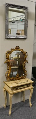 Lot 1217 - A cream and gilt painted small table, an early 20th century mirror and a silver painted modern...