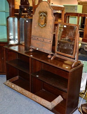 Lot 1231 - Mahogany low open bookcase; tryptic mirror; toilet mirror; Arts & Crafts copper fire curb; and...