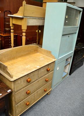 Lot 1249 - A 1950's duck egg blue painted kitchen cabinet, together with a three height pine washstand (2)