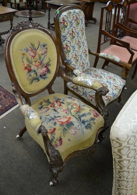 Lot 1278 - ~ A Victorian tapestry upholstered open armchair and a 20th century French armchair (2)