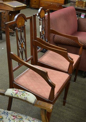 Lot 1279 - ~ Pair of Sheraton revival Edwardian mahogany inlaid armchairs