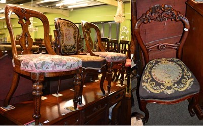 Lot 1308 - ~ A pair of Victorian oak dining chairs and two chairs with tapestry seats (4)