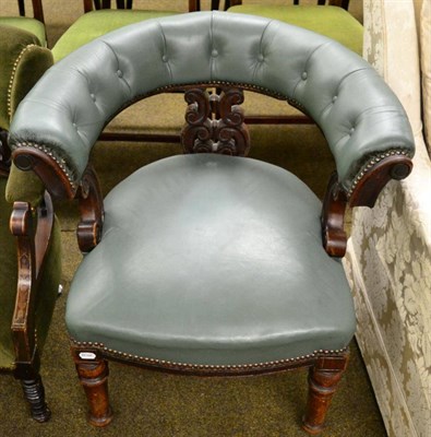 Lot 1349 - Teal leather and mahogany framed horseshoe chair