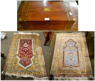 Lot 1351 - Middle Eastern machine woven prayer rug together with another similar prayer rug and a brass...