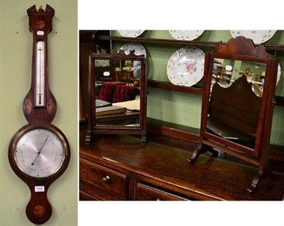 Lot 1460 - A mahogany inlaid wheel barometer, the silvered dial inscribed A. Maspoli & Co, Hull, and two small