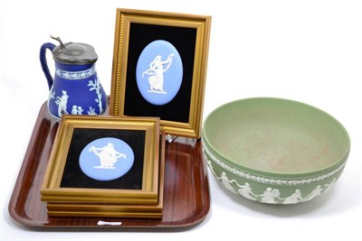 Lot 1 - Wedgwood Jasperware comprising a green bowl, pewter mounted tankard and three framed oval plaques