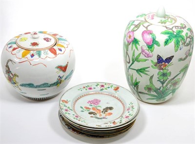 Lot 2 - A Chinese armorial plate; two Japanese plates; two Cantonese plates and two jars and covers