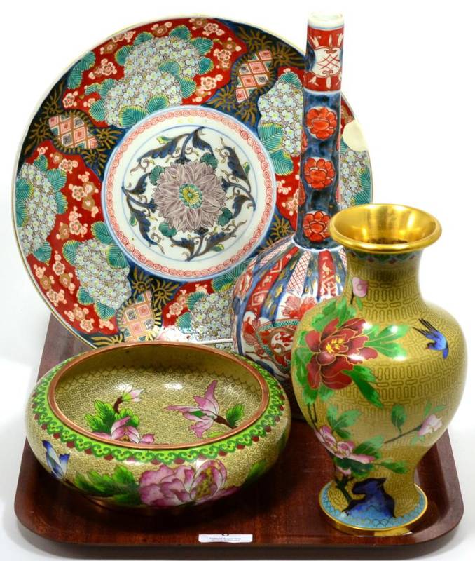 Lot 6 - A Japanese Imari bottle vase; a similar plate; and two pieces of Oriental cloisonne (4)