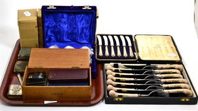 Lot 13 - A silver cigarette case; a silver fronted bible; a set of six silver handled tea knives; coins etc