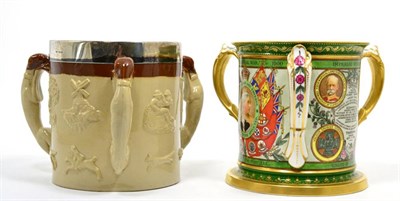 Lot 14 - A Royal Doulton cream/brown glazed tyg with silver rim and another Copeland example (a.f.) (2)