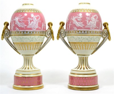Lot 22 - A pair of French twin handled vases with blue cross swords marks