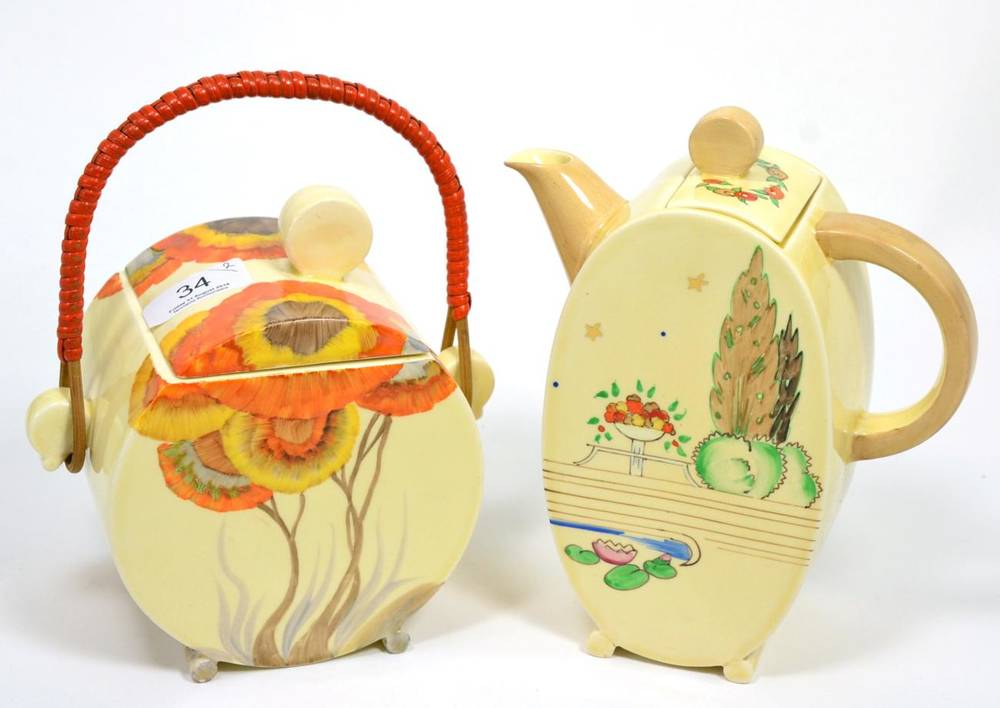 Lot 34 - A Clarice Cliff biscuit barrel and an oval teapot