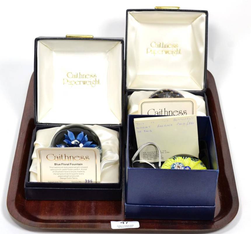 Lot 47 - Three boxed paperweights: Caithness 'Flamenco', 'Blue Floral Fountain' and Highland...