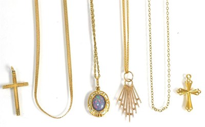 Lot 110 - An opal triplet pendant, in a Greek-key frame, on chain; a 9 carat gold fan-motif pendant, on...