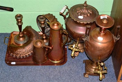 Lot 159 - Two copper tea urns; two Victorian copper jelly moulds, Art Nouveau copper wares etc