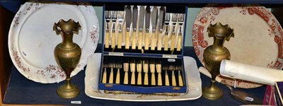 Lot 164 - A cased set of silver collared fish knives and forks, silver collared crumb scoop, three 19th...