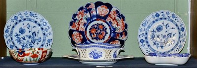 Lot 180 - Decorative ceramics comprising two Meissen plates, Imari charger and bowl, and three pieces of 20th