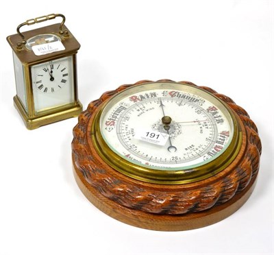 Lot 191 - An oak cased aneroid barometer and a brass carriage timepiece (2)