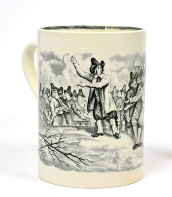 Lot 213 - A Staffordshire pearlware cylindrical mug, early 19th century, printed with the Pilgrim Fathers