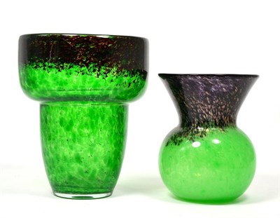 Lot 231 - Two Scottish mottled green Art Glass vases, probably Monart, tallest 21cm