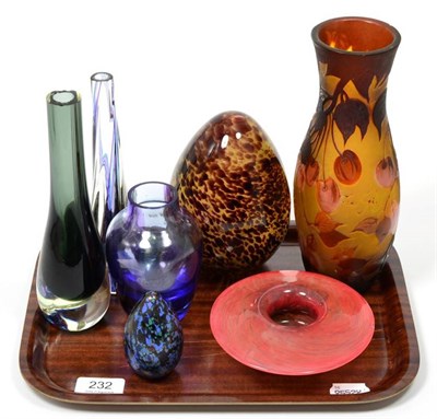 Lot 232 - A Tip Gallé cameo glass vase together with six other pieces of Art Glass including Isle of...