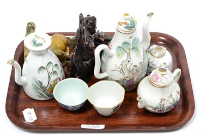 Lot 238 - A Chinese miniature teapot; a coffee pot; a wine pot; an ink pot; three tea bowls and four...