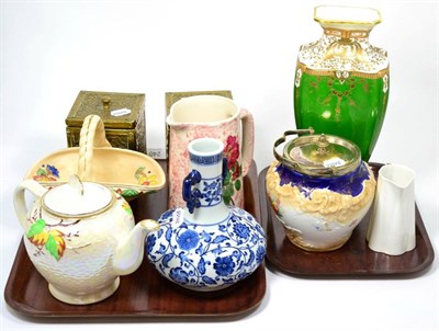 Lot 240 - A Noritake vase with other ceramics and a pair of brass tea caddies (9) (two trays)