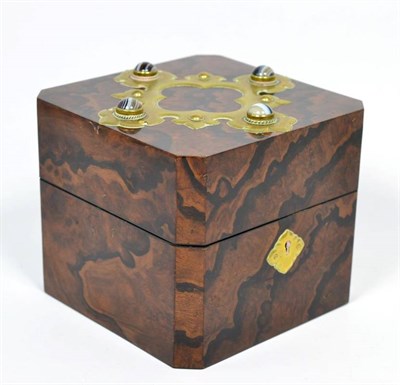 Lot 254 - A 19th century brass mounted, burr walnut four bottle toilet box set with banded agate...