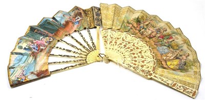 Lot 268 - 19th century ivory fan with pierced, carved, silver and gilt painted sticks and guards, paper mount