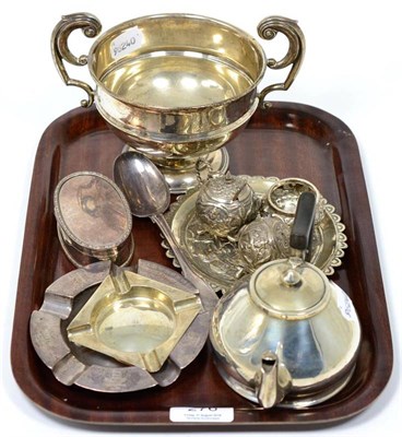 Lot 276 - A silver twin handled bowl; a small silver teapot; a silver snuff box; two silver ashtrays; a...