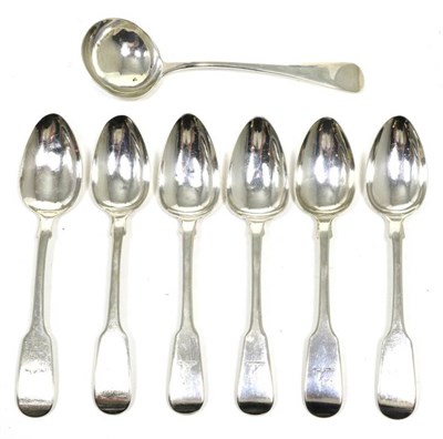 Lot 281 - A matched set of six silver fiddle pattern dessert spoons, comprising: four Thomas Watson,...