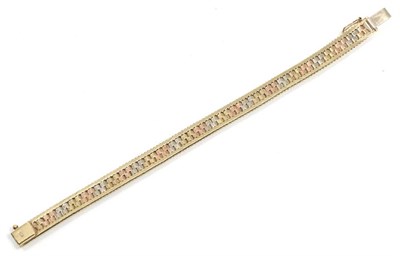 Lot 286 - A tri-colour brick link bracelet, of textured yellow, rose and white links, length 19cm,...