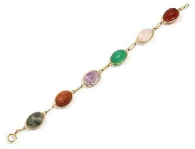 Lot 331 - A multi-gemstone scarab bracelet, carved rose quartz, carnelian, moss agate, jasper, amethyst...