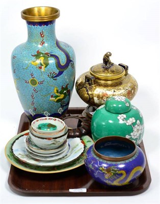 Lot 358 - Various Chinese and Japanese wares including Satsuma censer and cover, cloisonne vase etc (qty)