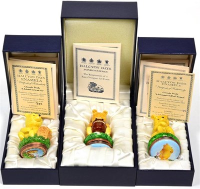 Lot 378 - Three Halcyon Days Winnie the Pooh bonbonnieres comprising: ''A Hamper Full of Honey'';...