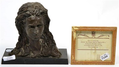 Lot 395 - A composition bust of Princess Anne on a plinth with certificate, 20cm high