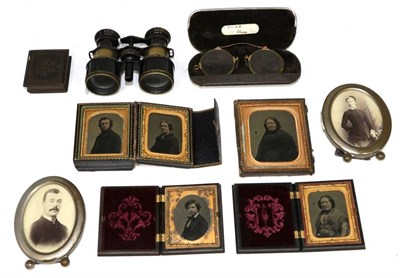 Lot 400 - Assorted daguerrotype cases, including a triple folding example in leather case, opera glasses,...