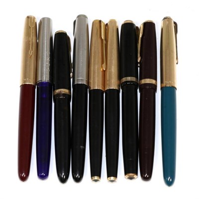 Lot 403 - Nine various Parker fountain pens, some with nibs stamped '14K'