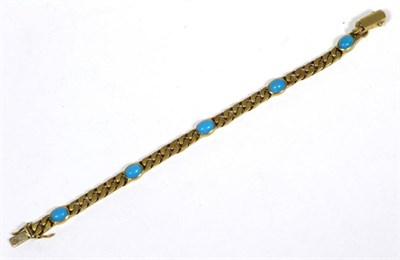 Lot 417 - A turquoise bracelet, oval cabochon turquoise in rubbed over settings, spaced by cuban links,...