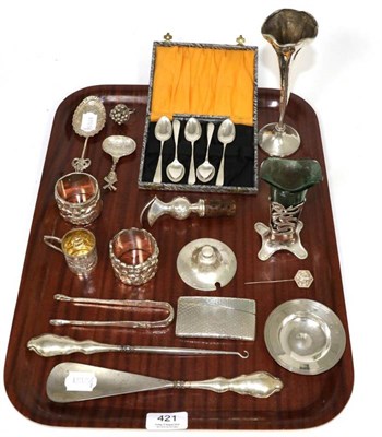 Lot 421 - Assorted silver collectables including napkin rings, card case, ornamental spoons etc