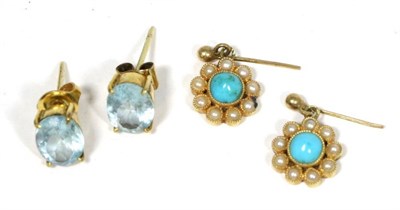 Lot 422 - A pair of turquoise and seed pearl cluster earrings, with post fittings, and a pair of oval cut...