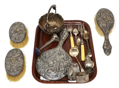 Lot 432 - A silver hand mirror and brush; a pair of similar brushes; napkin ring; various spoons; pin...