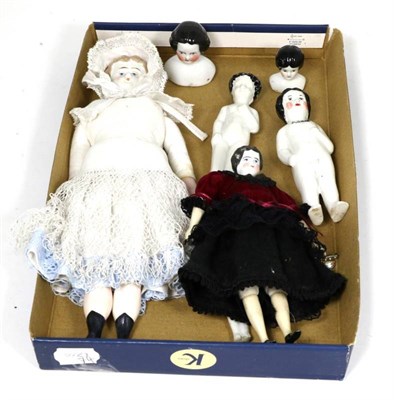 Lot 433 - Assorted China Dolls, including a china shoulder head doll impressed 'L 8/0', with brown...