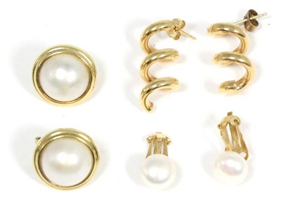 Lot 446 - A pair of 9 carat gold mabe pearl earrings, with post and clip fittings, a pair of cultured...