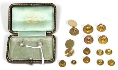 Lot 447 - A pair of Mikimoto cultured pearl dress studs, cased, stamped 'K15'; a set of three dress...